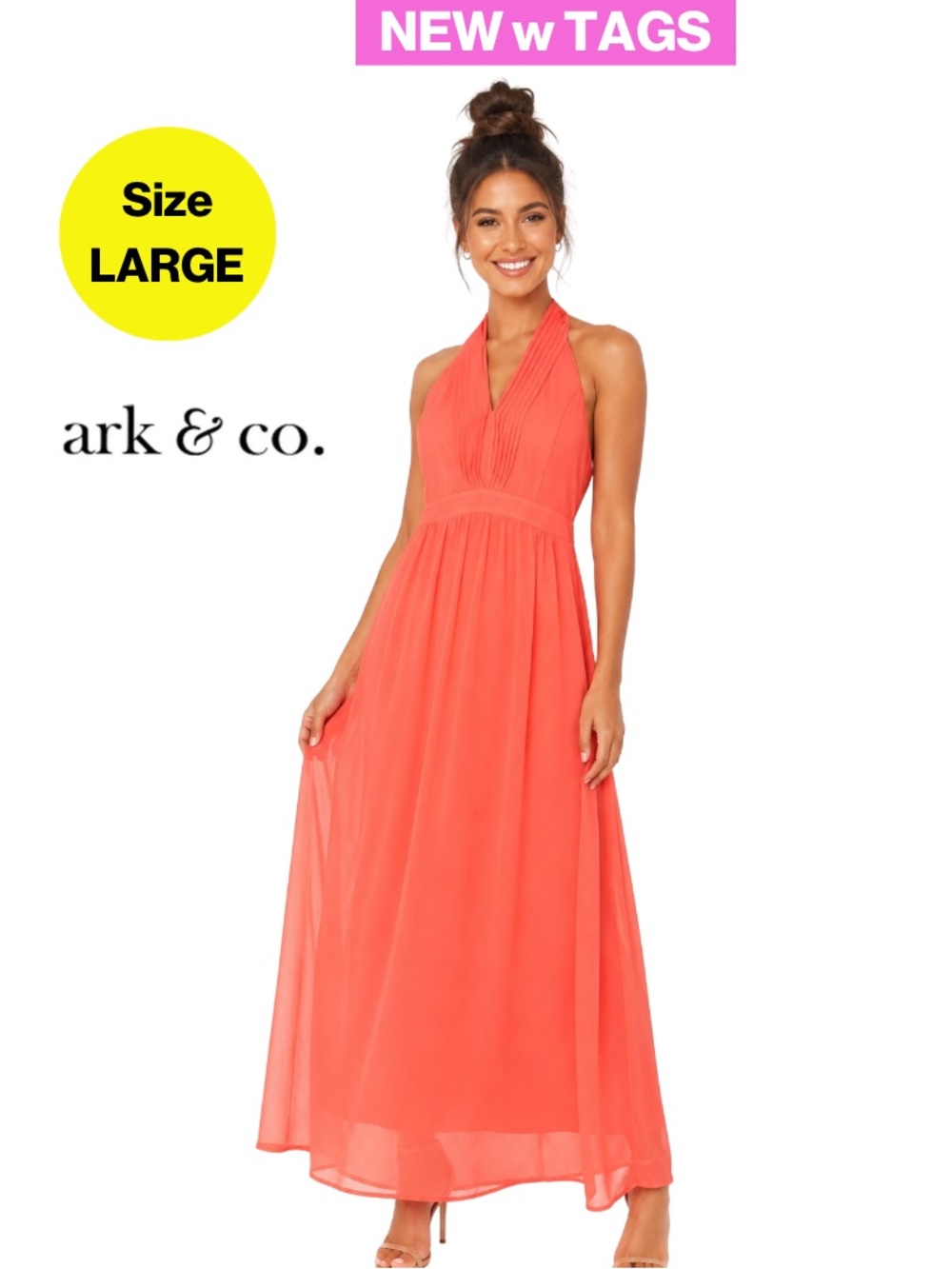 NEW w TAGS 🏷️ ARK & CO. Coral Halter-Neck Maxi Dress (Women’s Large)